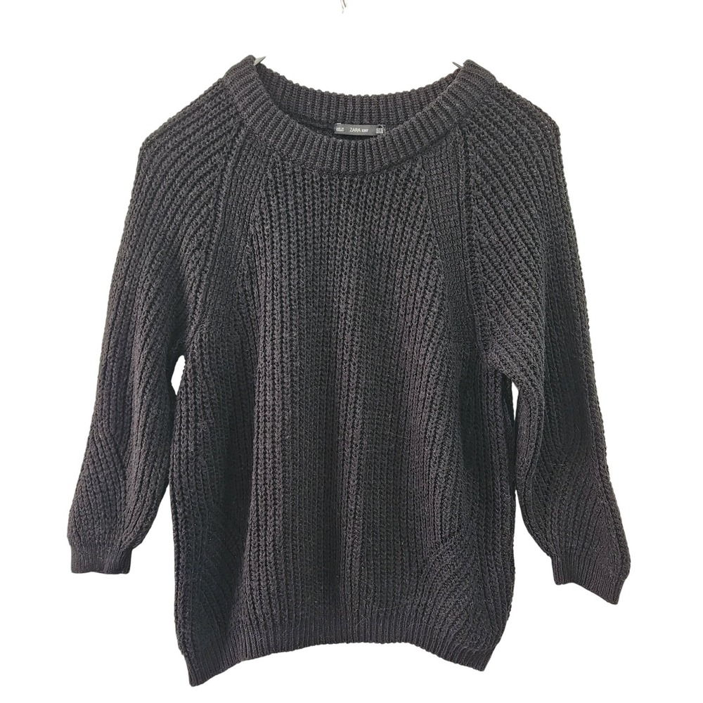 Zara Knit Sweater Women Size Medium Black Chunky Ribbed Cozy Minimalist